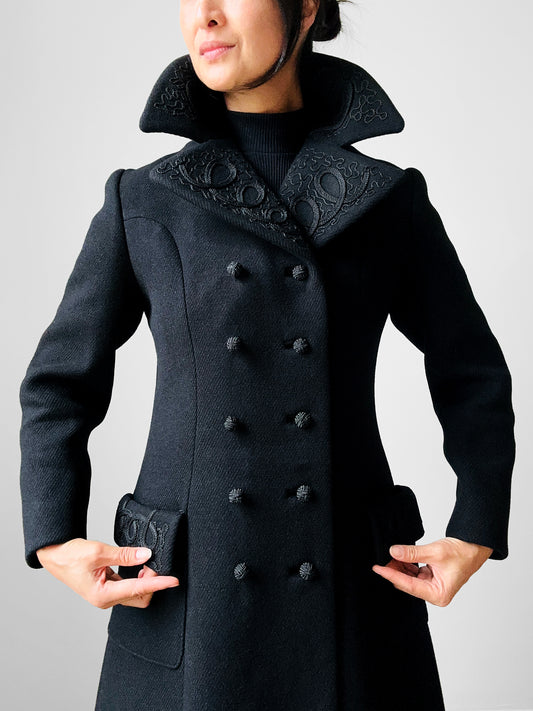 1960s Black Cord Embroidered Tailored Dressing Coat- Sz. XS / S
