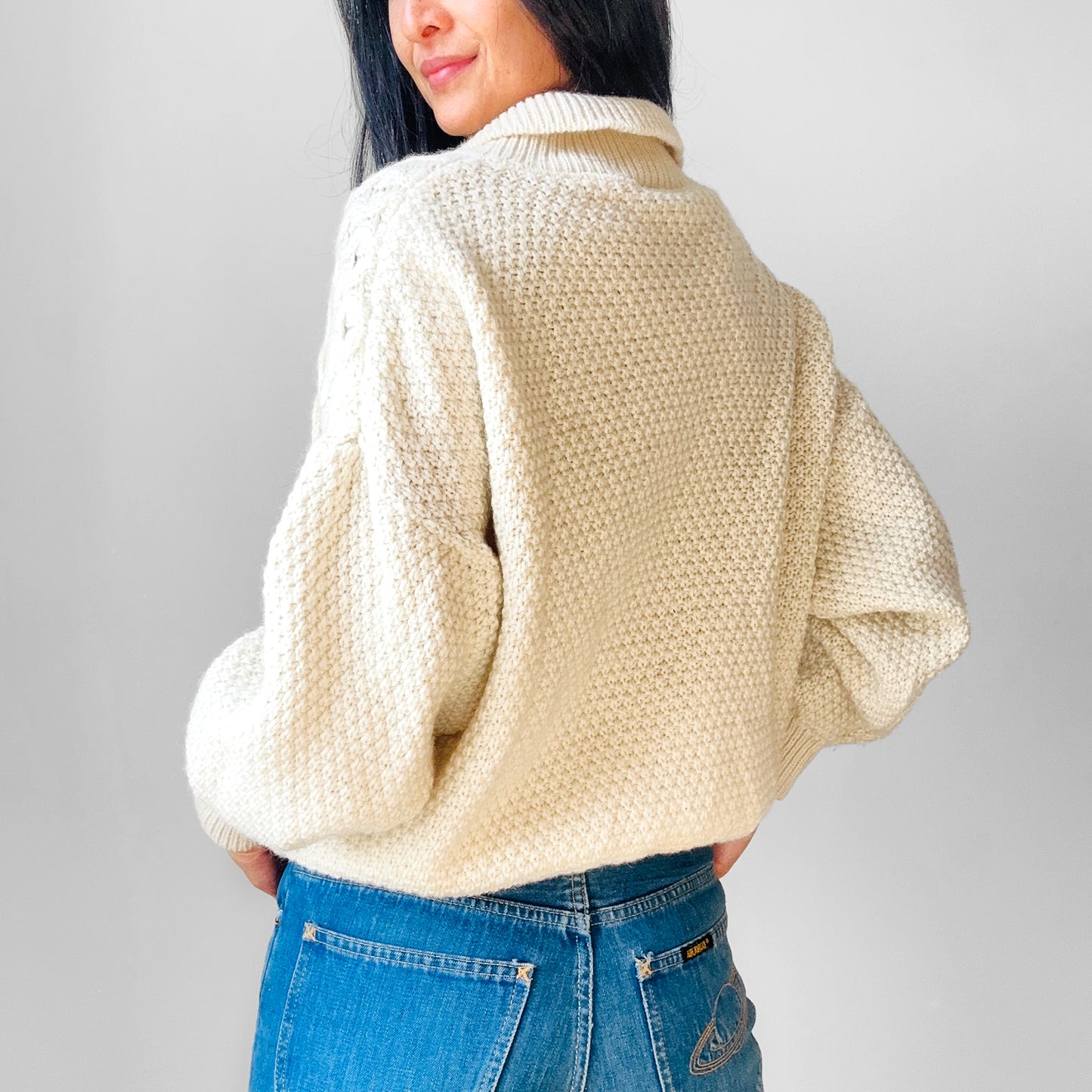 Cream Fisherman's Wool Cable-Knit Cardigan Sweater - Sz. S/M