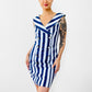 1980s Made in the USA Navy Blue and White Stripe Button Front Off-Shoulder Zip-Back Fitted Above-The-Knee Dress - S/M