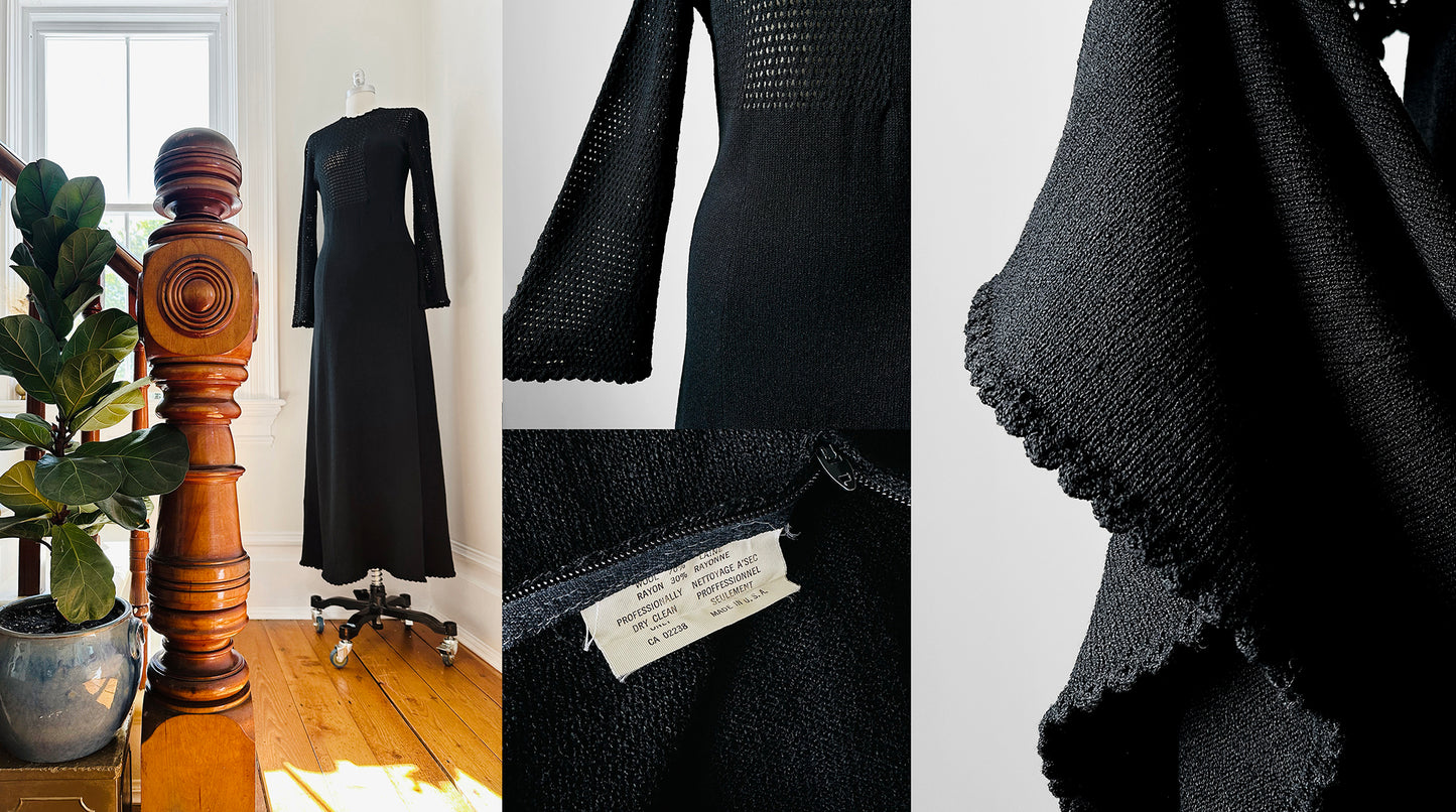 1970s Black Wool Blend Knit Floor Length Dress - Sz. S/M