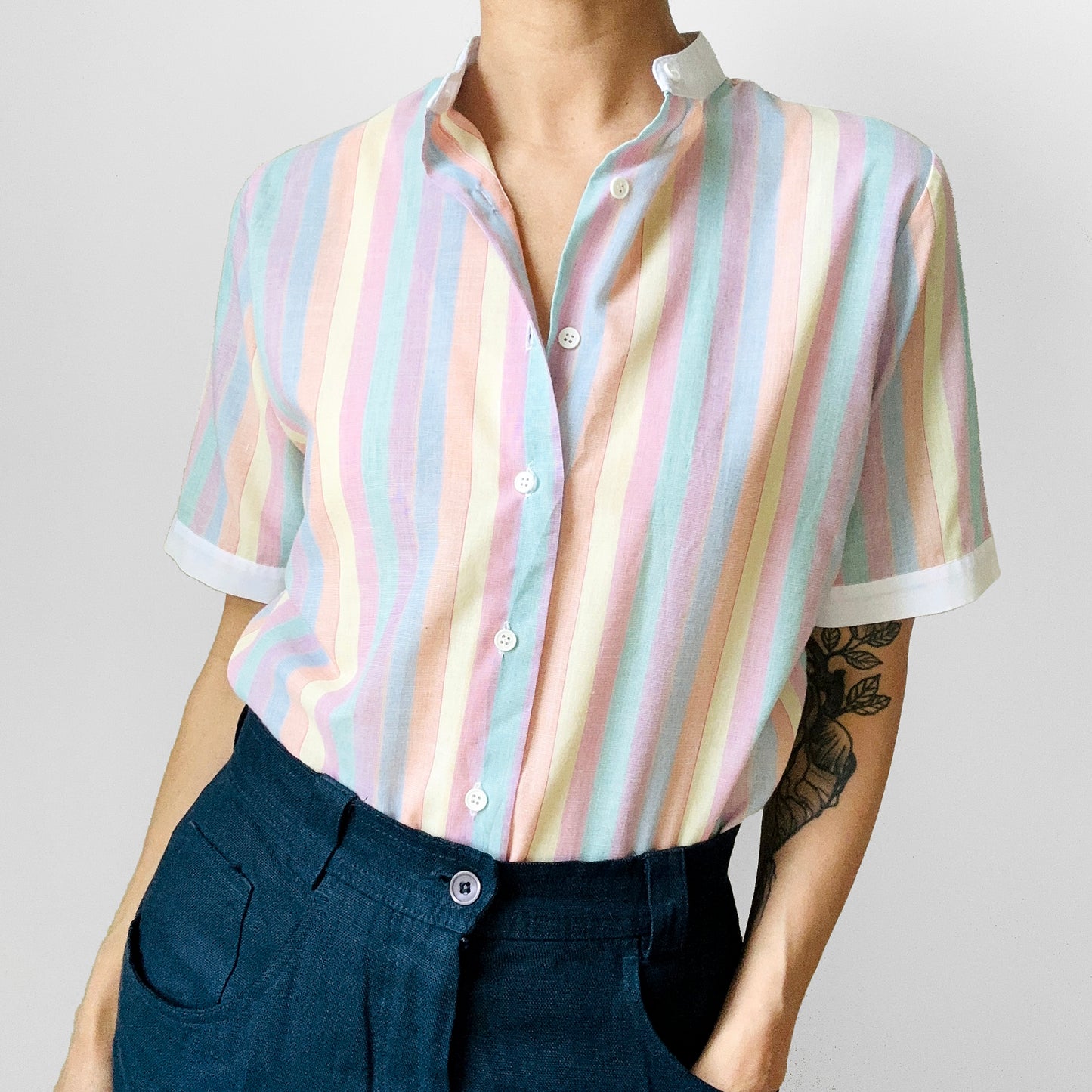 1970s - 1980s Candy Stripe Short Sleeve Cotton Button-Front Shirt