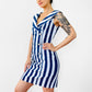 1980s Made in the USA Navy Blue and White Stripe Button Front Off-Shoulder Zip-Back Fitted Above-The-Knee Dress - S/M