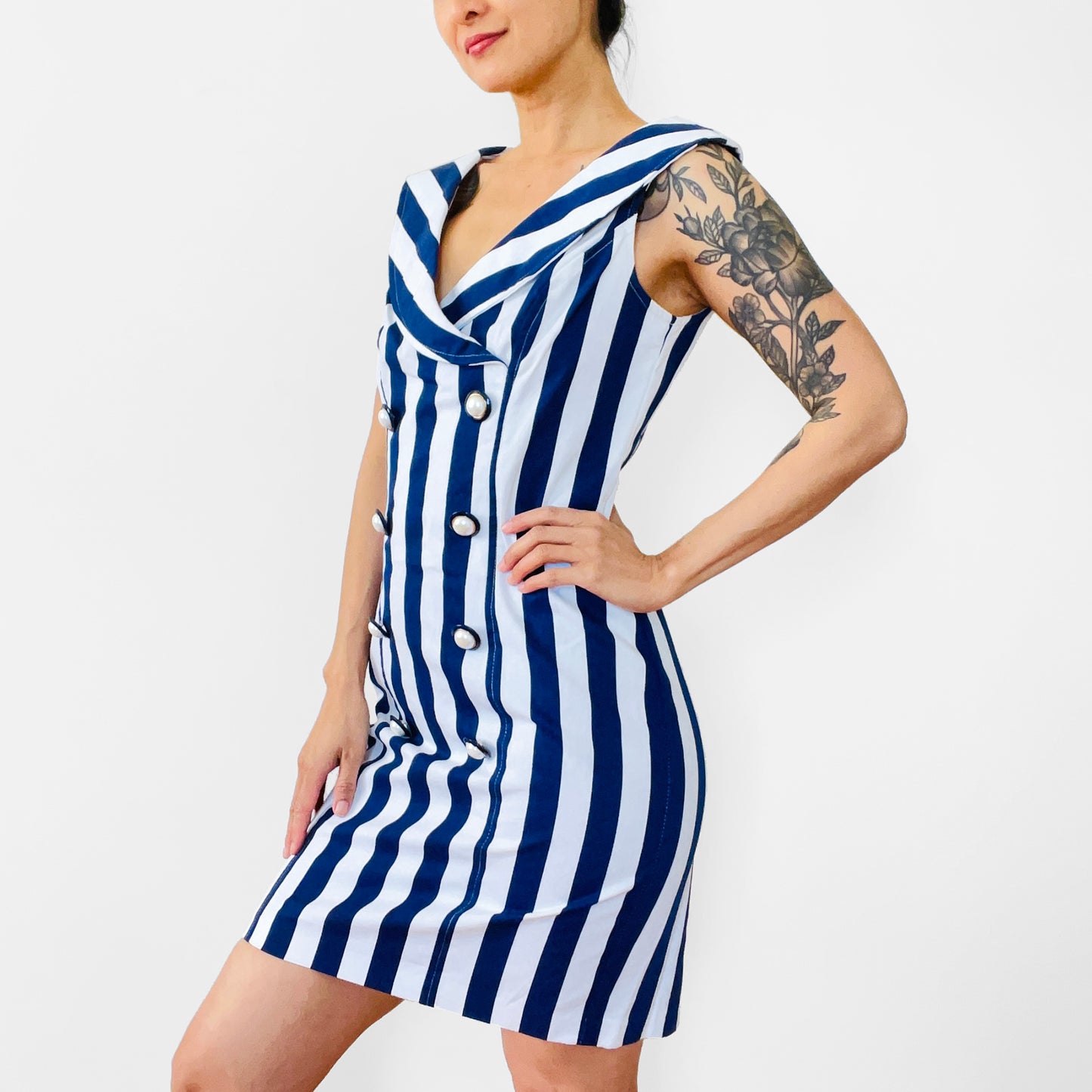 1980s Made in the USA Navy Blue and White Stripe Button Front Off-Shoulder Zip-Back Fitted Above-The-Knee Dress - S/M