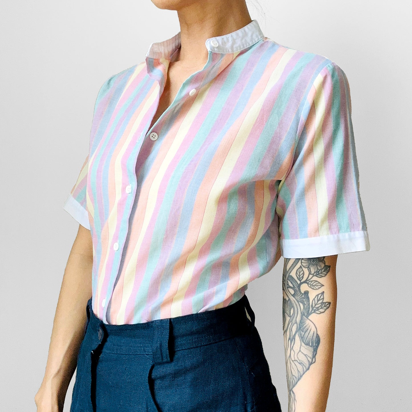 1970s - 1980s Candy Stripe Short Sleeve Cotton Button-Front Shirt