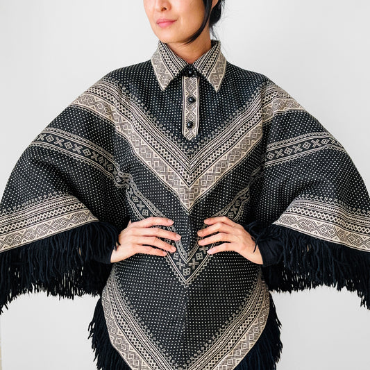 1970s Tan and Black Fringe Collared Button Neck Patterned Wool Poncho Shawl - O/S