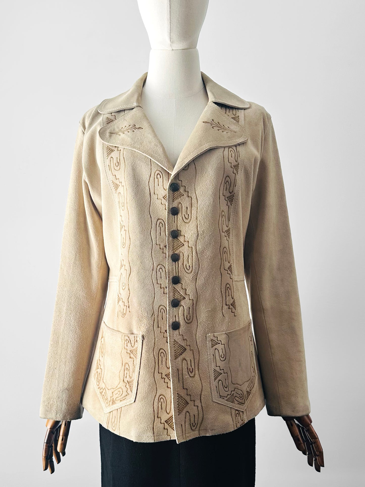 Vintage 1940s - 1950s Light Tan Snap-Button Suede Jacket with Embossed Southwestern/Aztec Designs - Sz. S/M
