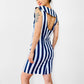 1980s Made in the USA Navy Blue and White Stripe Button Front Off-Shoulder Zip-Back Fitted Above-The-Knee Dress - S/M