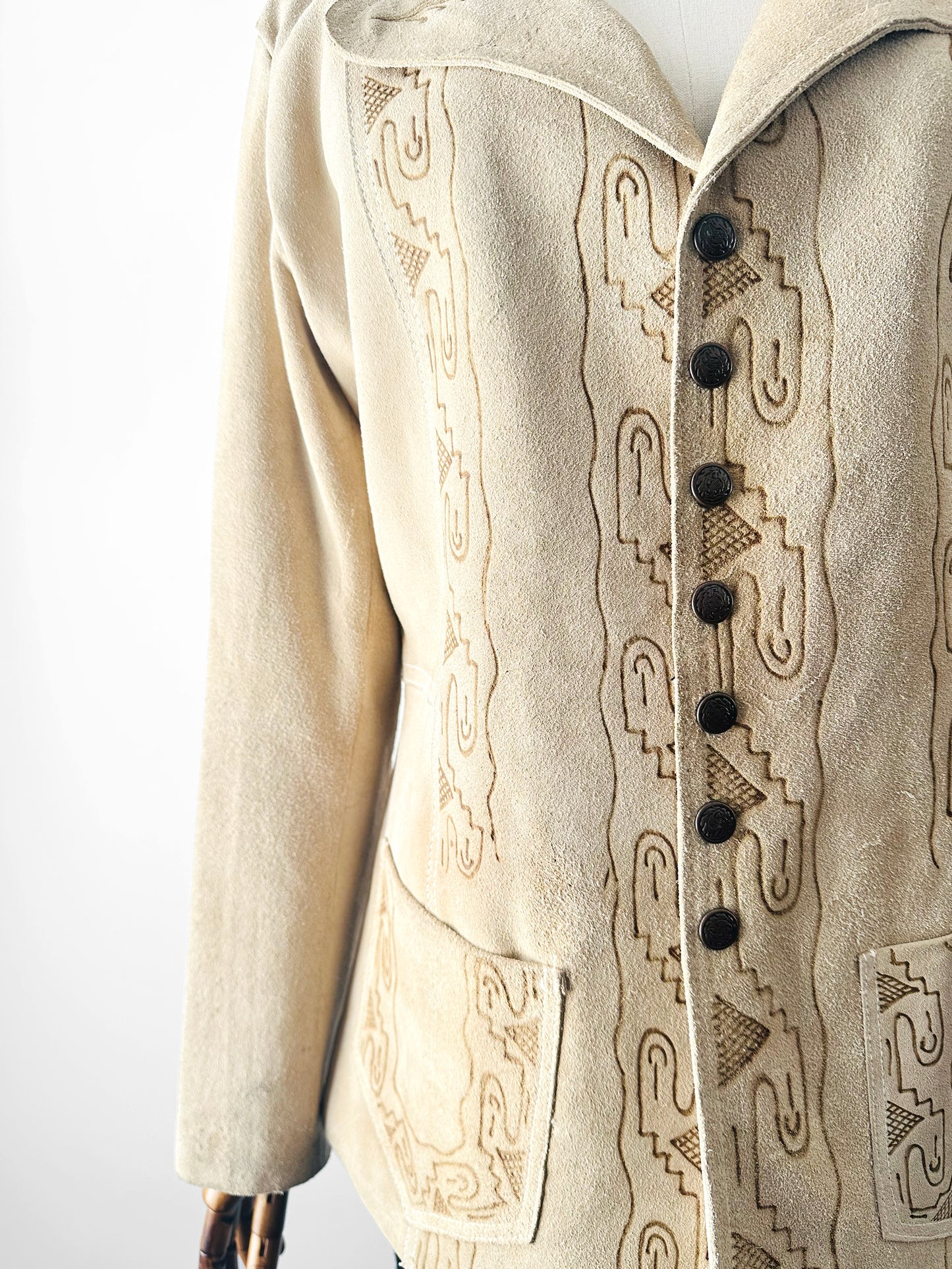 Vintage 1940s - 1950s Light Tan Snap-Button Suede Jacket with Embossed Southwestern/Aztec Designs - Sz. S/M