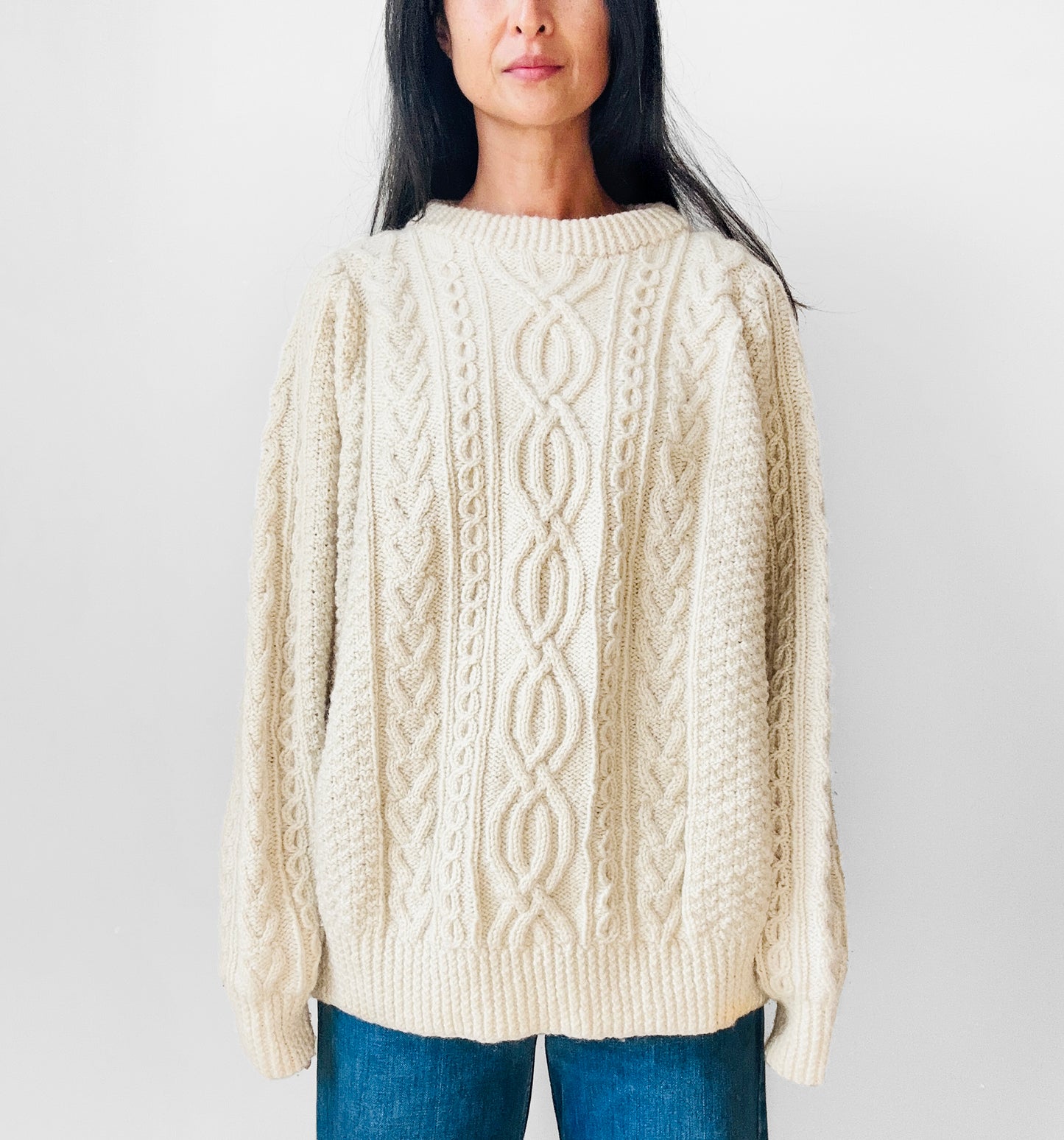 1980s Chunky Cream Fisherman's Wool Cable-Knit Sweater - Sz. O/S