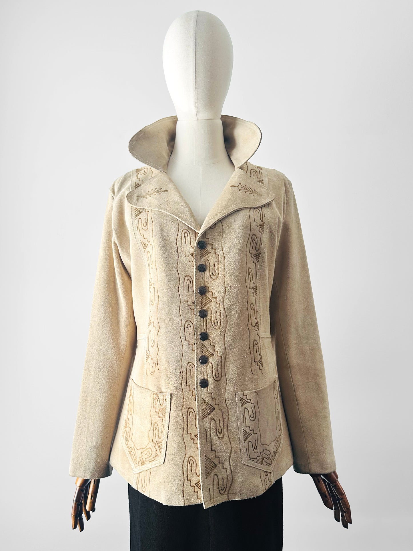 Vintage 1940s - 1950s Light Tan Snap-Button Suede Jacket with Embossed Southwestern/Aztec Designs - Sz. S/M