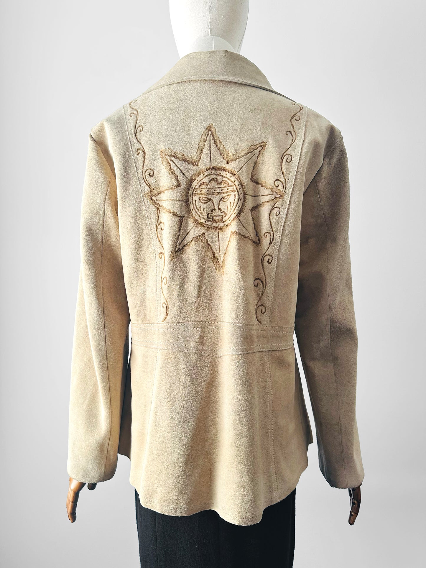 Vintage 1940s - 1950s Light Tan Snap-Button Suede Jacket with Embossed Southwestern/Aztec Designs - Sz. S/M