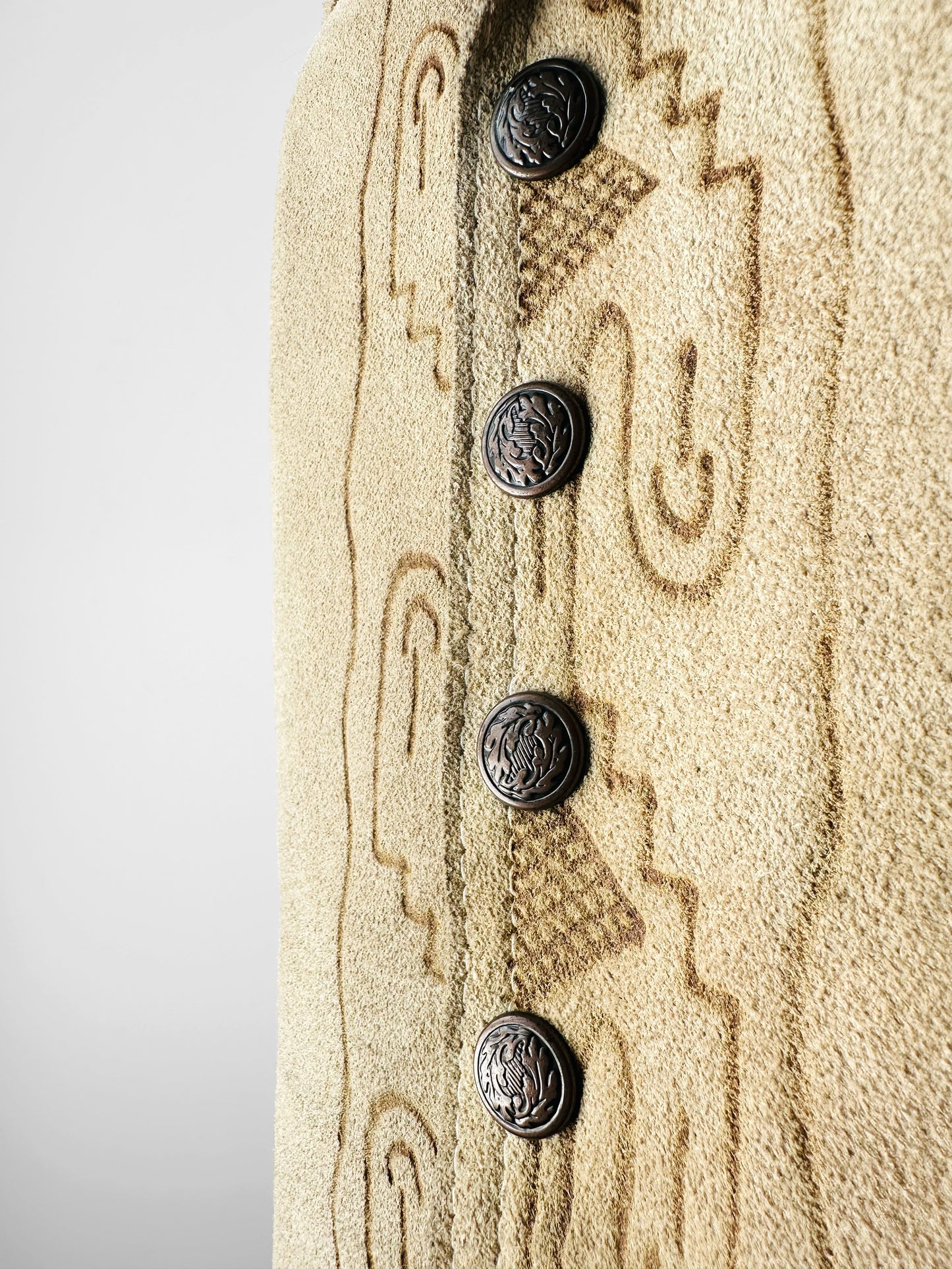 Vintage 1940s - 1950s Light Tan Snap-Button Suede Jacket with Embossed Southwestern/Aztec Designs - Sz. S/M