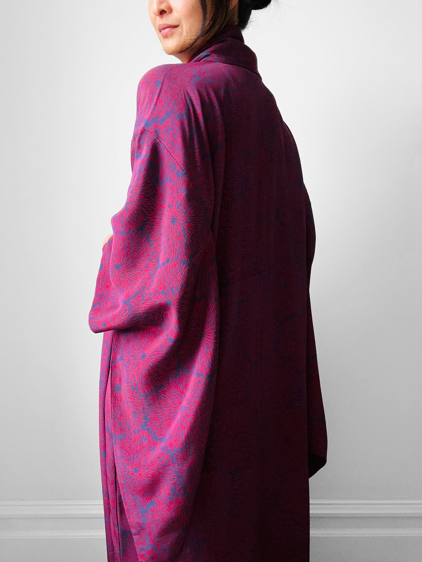 1980s Plum Navy Starburst Silk Kimono  - Sz. O/S