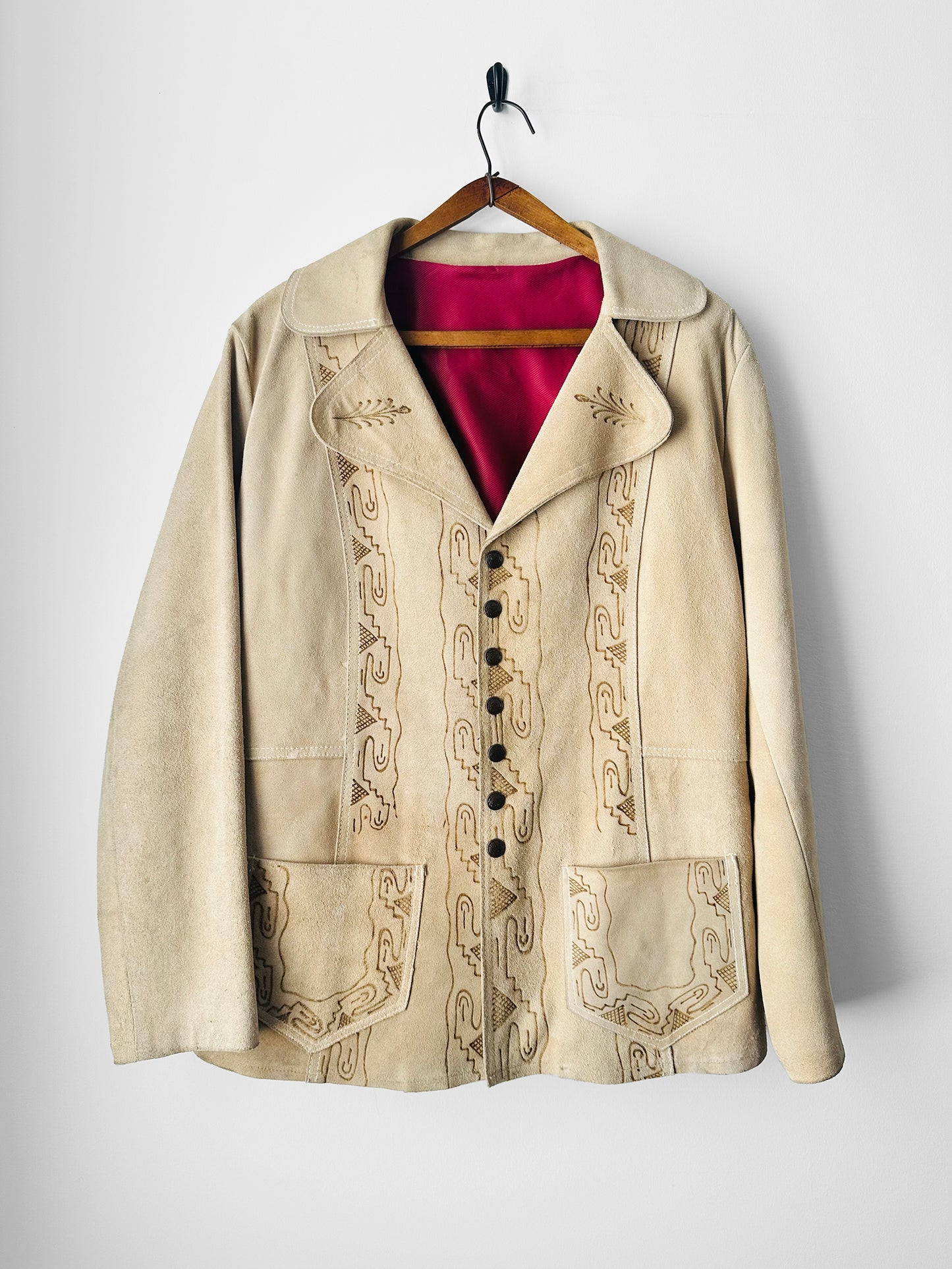 Vintage 1940s - 1950s Light Tan Snap-Button Suede Jacket with Embossed Southwestern/Aztec Designs - Sz. S/M