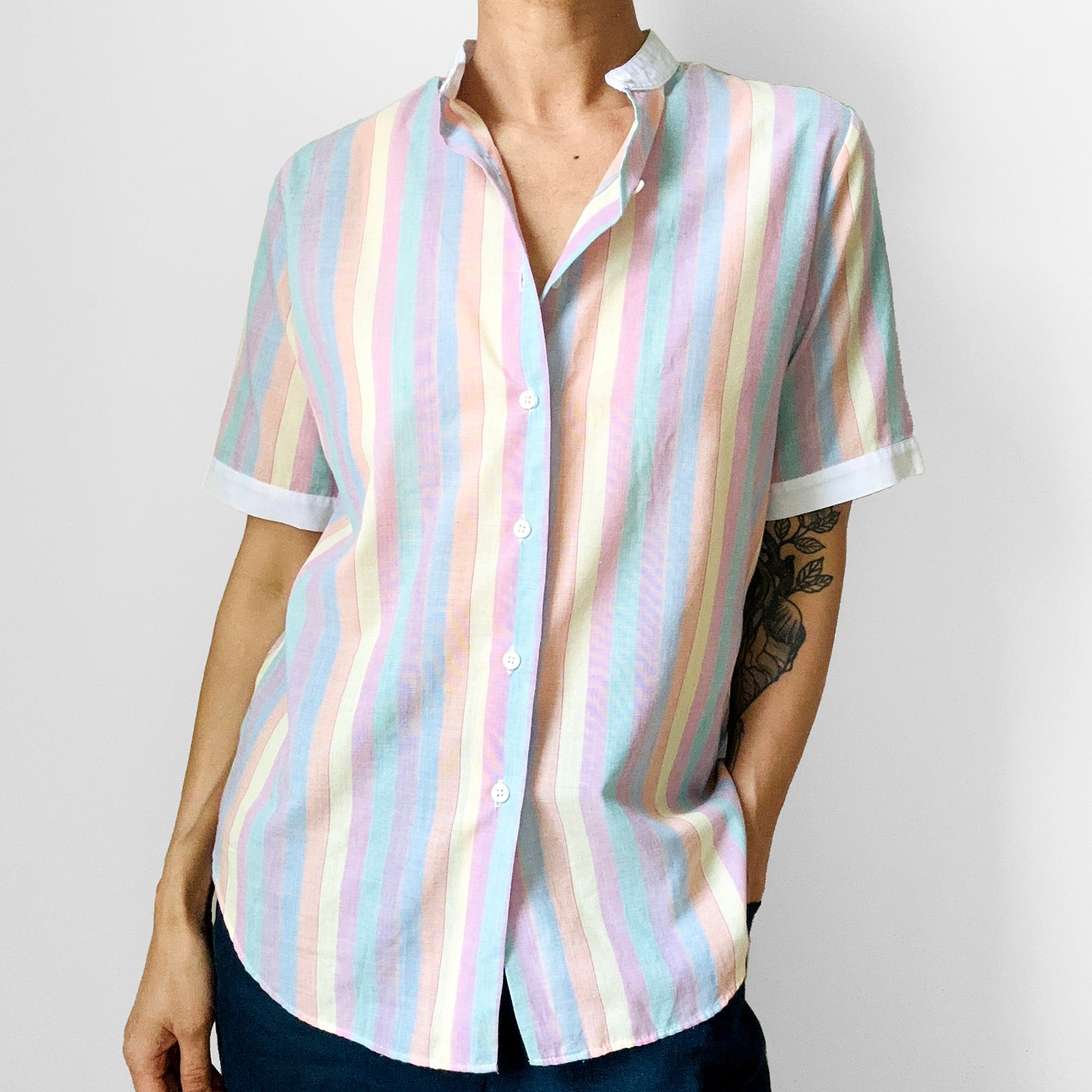 1970s - 1980s Candy Stripe Short Sleeve Cotton Button-Front Shirt