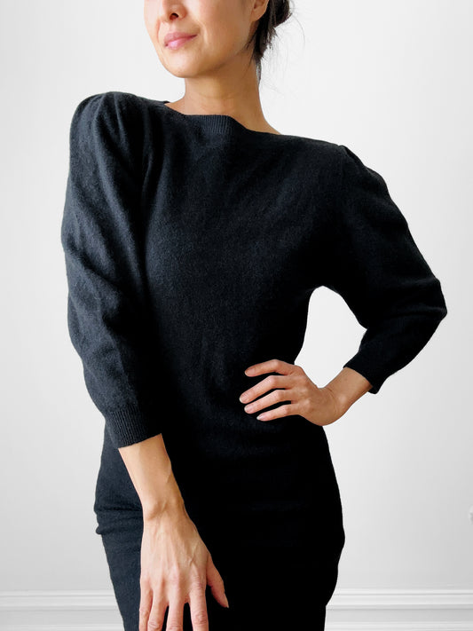 1970s Black Lambswool and Angora Fitted Boatneck Knit Dress - Sz. XS/S