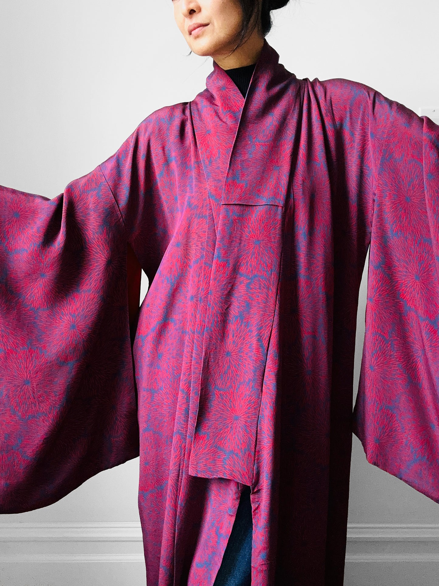 1980s Plum Navy Starburst Silk Kimono  - Sz. O/S