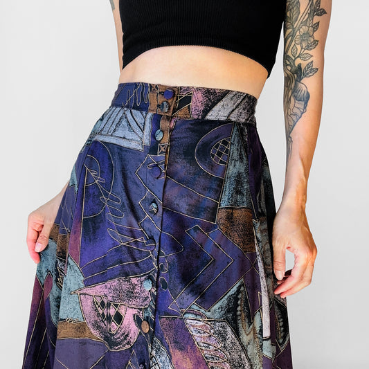 1980s Purple Black and Gold Button Front Patterned Skirt - Sz. M/L