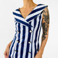 1980s Made in the USA Navy Blue and White Stripe Button Front Off-Shoulder Zip-Back Fitted Above-The-Knee Dress - S/M