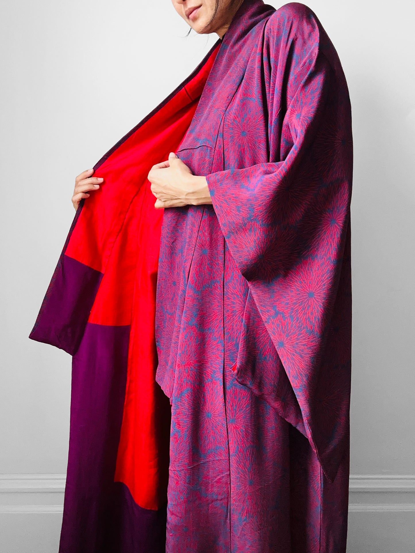 1980s Plum Navy Starburst Silk Kimono  - Sz. O/S