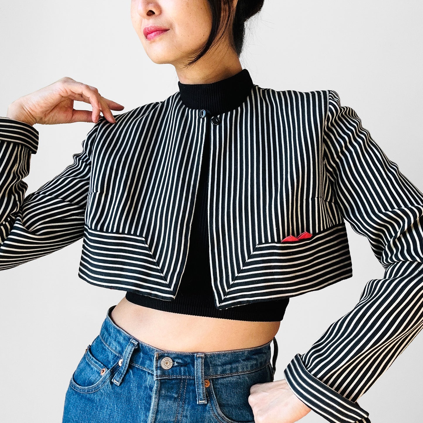 1960s Black and White Stripe Crop Tuxedo Bolero Jacket - Sz. Small