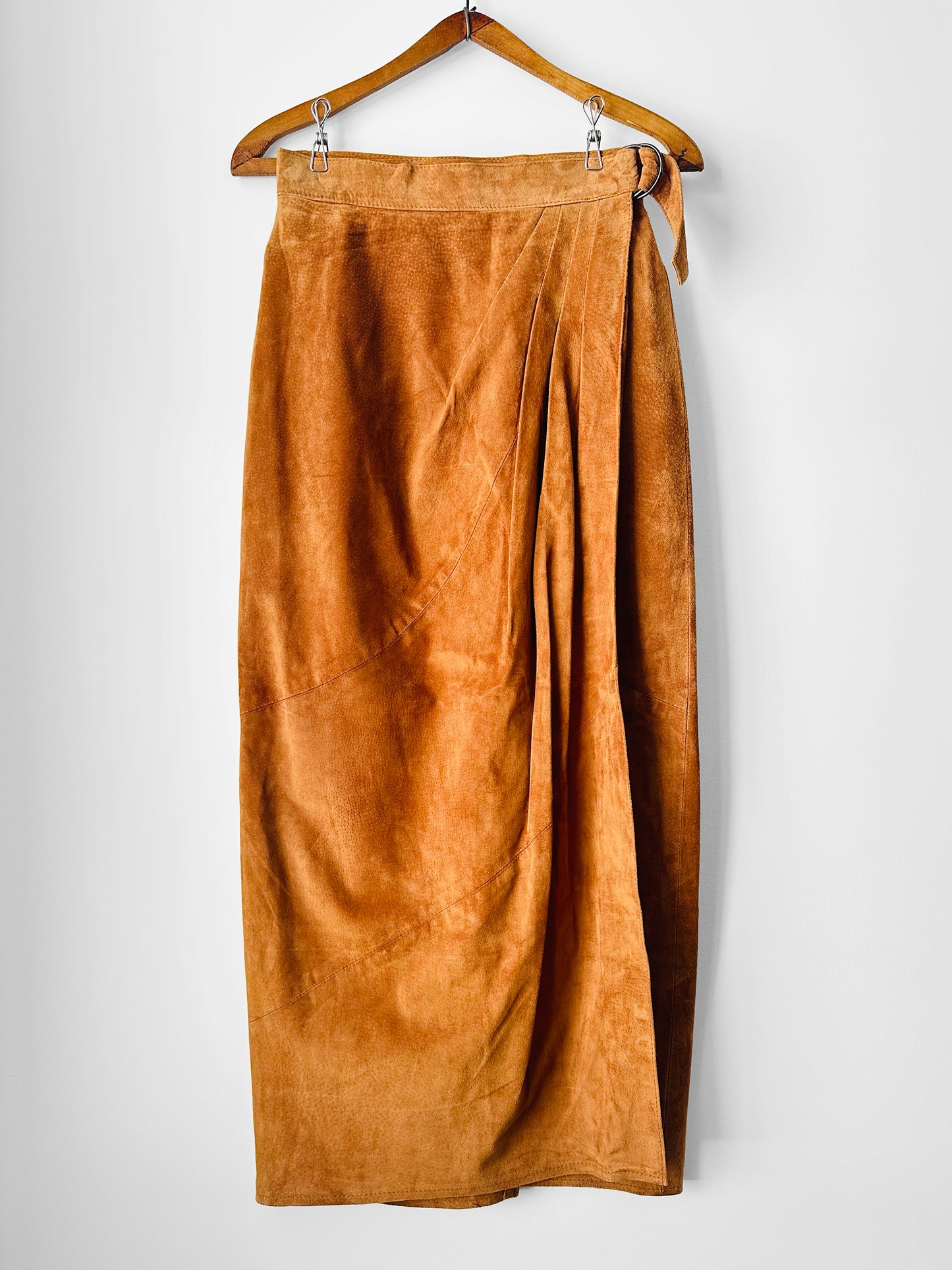 Vintage 1980s Amber Tan Long Wrap Suede Leather Split-Back Skirt - Sz. SM
