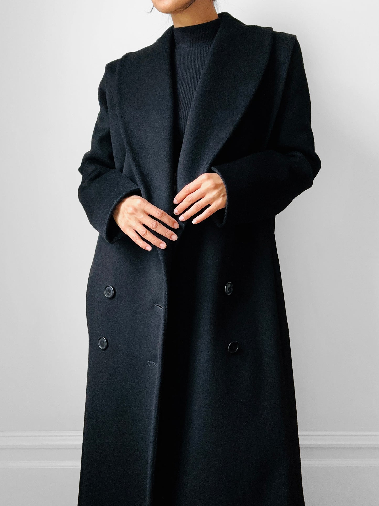 1980s Black Wool Exaggerated Collar Coat- Sz. S/M