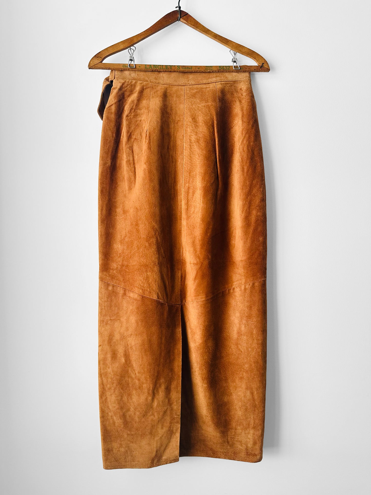 Vintage 1980s Amber Tan Long Wrap Suede Leather Split-Back Skirt - Sz. SM