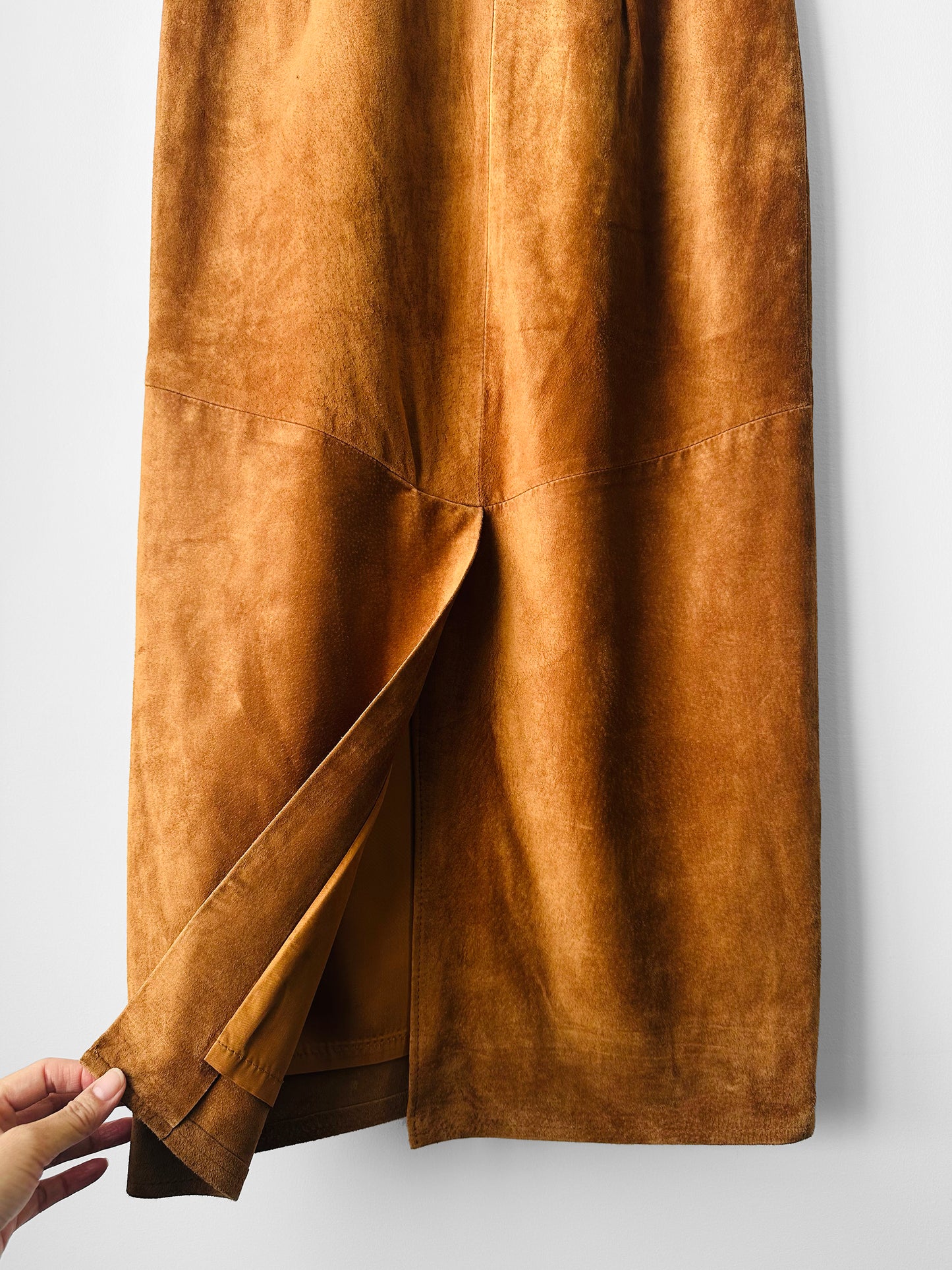 Vintage 1980s Amber Tan Long Wrap Suede Leather Split-Back Skirt - Sz. SM