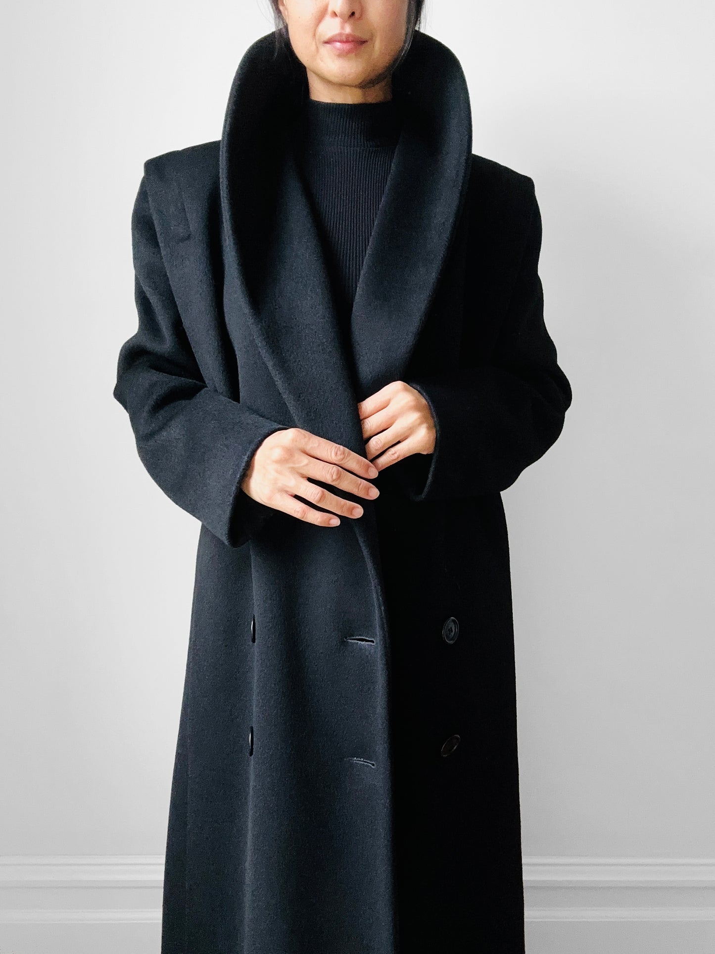 1980s Black Wool Exaggerated Collar Coat- Sz. S/M