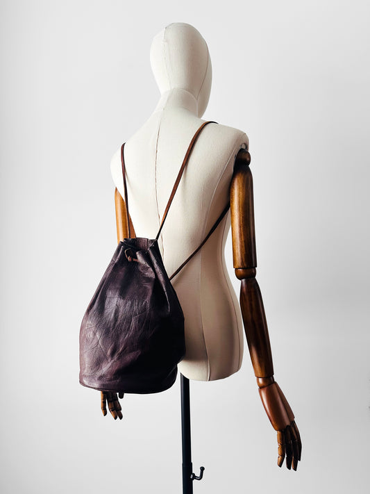 Vintage 1970s Eggplant Tan Leather Cinch Top Backpack Bag