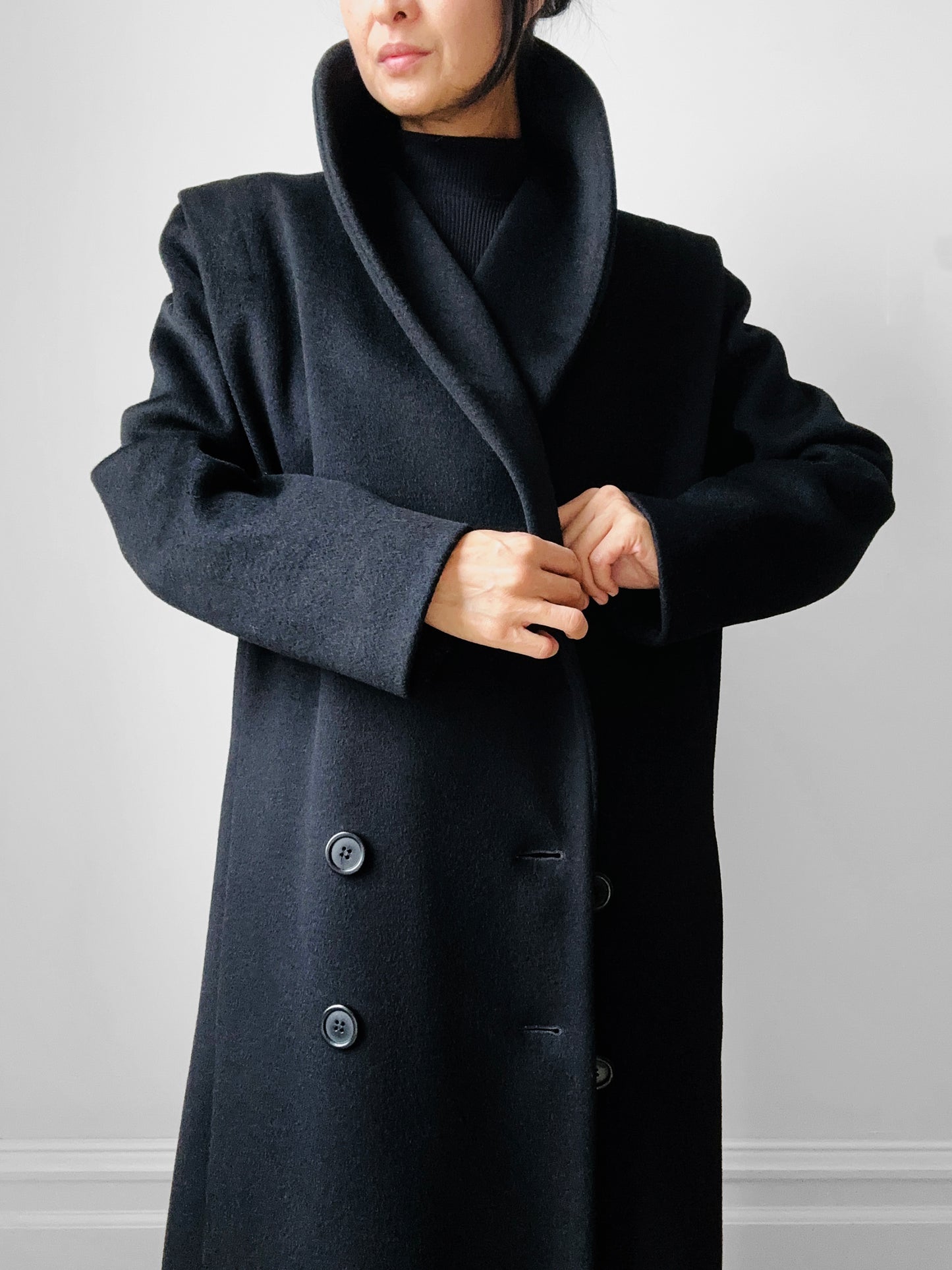1980s Black Wool Exaggerated Collar Coat- Sz. S/M