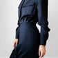 1980s Dark Navy Blue Button-Front Collared Tapered-Waist Wool Harve Benard Dress - Sz. S/M