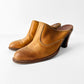 Vintage 1970s Tan Western-Style Slip-On Leather Mules with Stacked Wooden Heel - Sz. 8