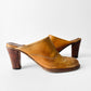 Vintage 1970s Tan Western-Style Slip-On Leather Mules with Stacked Wooden Heel - Sz. 8