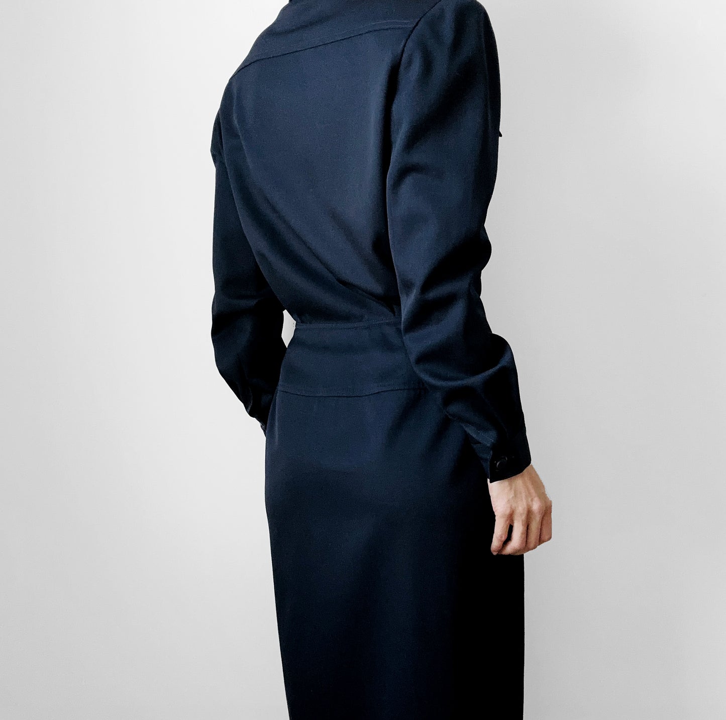 1980s Dark Navy Blue Button-Front Collared Tapered-Waist Wool Harve Benard Dress - Sz. S/M