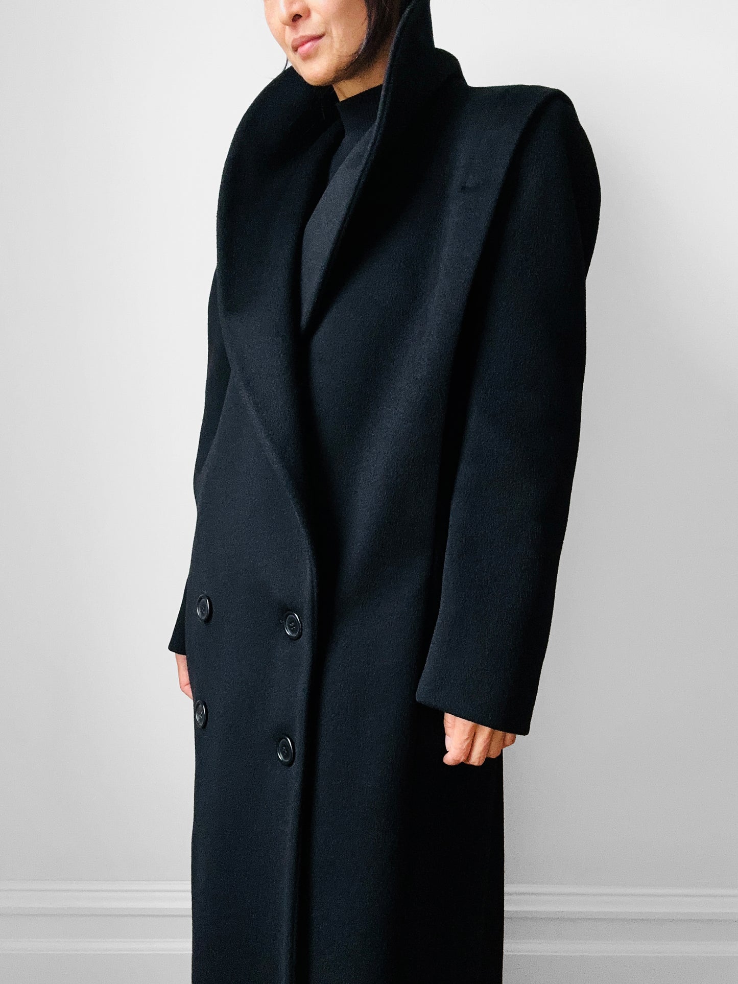 1980s Black Wool Exaggerated Collar Coat- Sz. S/M
