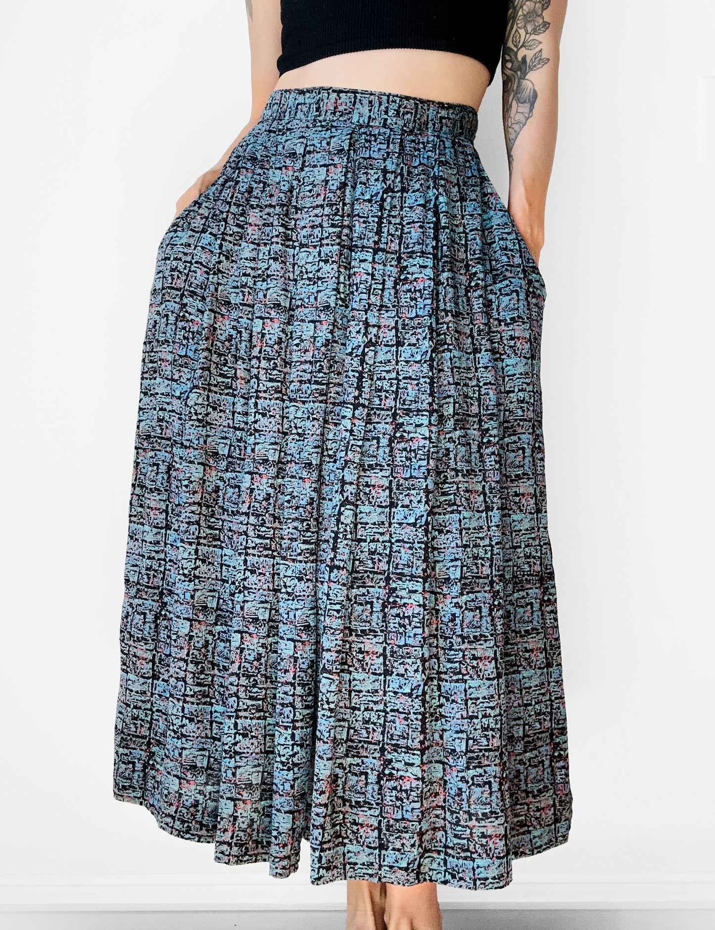 1980s Blue Pleated Patterned Skirt - Sz. Sm