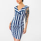 1980s Made in the USA Navy Blue and White Stripe Button Front Off-Shoulder Zip-Back Fitted Above-The-Knee Dress - S/M