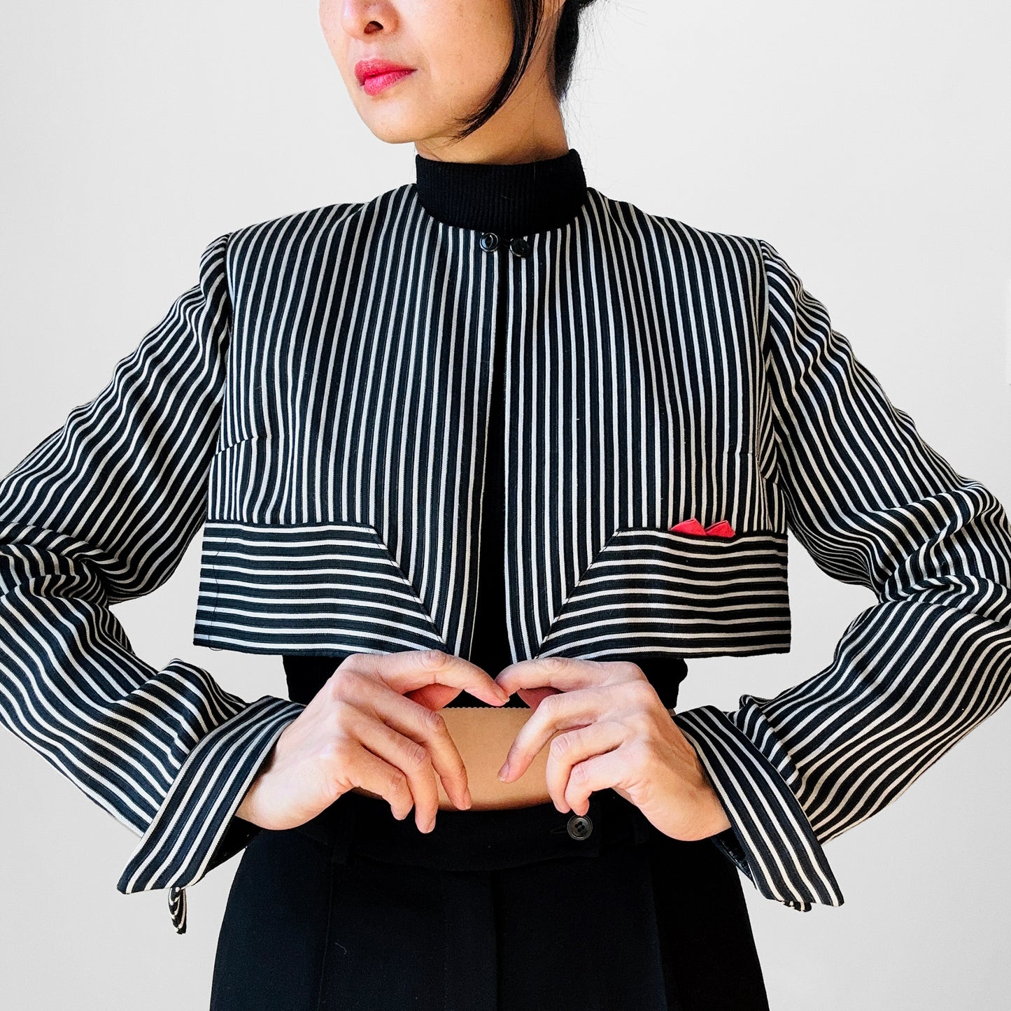 1960s Black and White Stripe Crop Tuxedo Bolero Jacket - Sz. Small