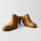 Vintage 1970s Tan Western-Style Slip-On Leather Mules with Stacked Wooden Heel - Sz. 8