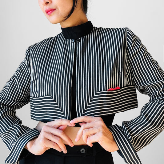 1960s Black and White Stripe Crop Tuxedo Bolero Jacket - Sz. Small