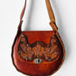 Vintage 1960s - 1970s Reddish Brown Floral Motif Tan Tooled Leather Bag