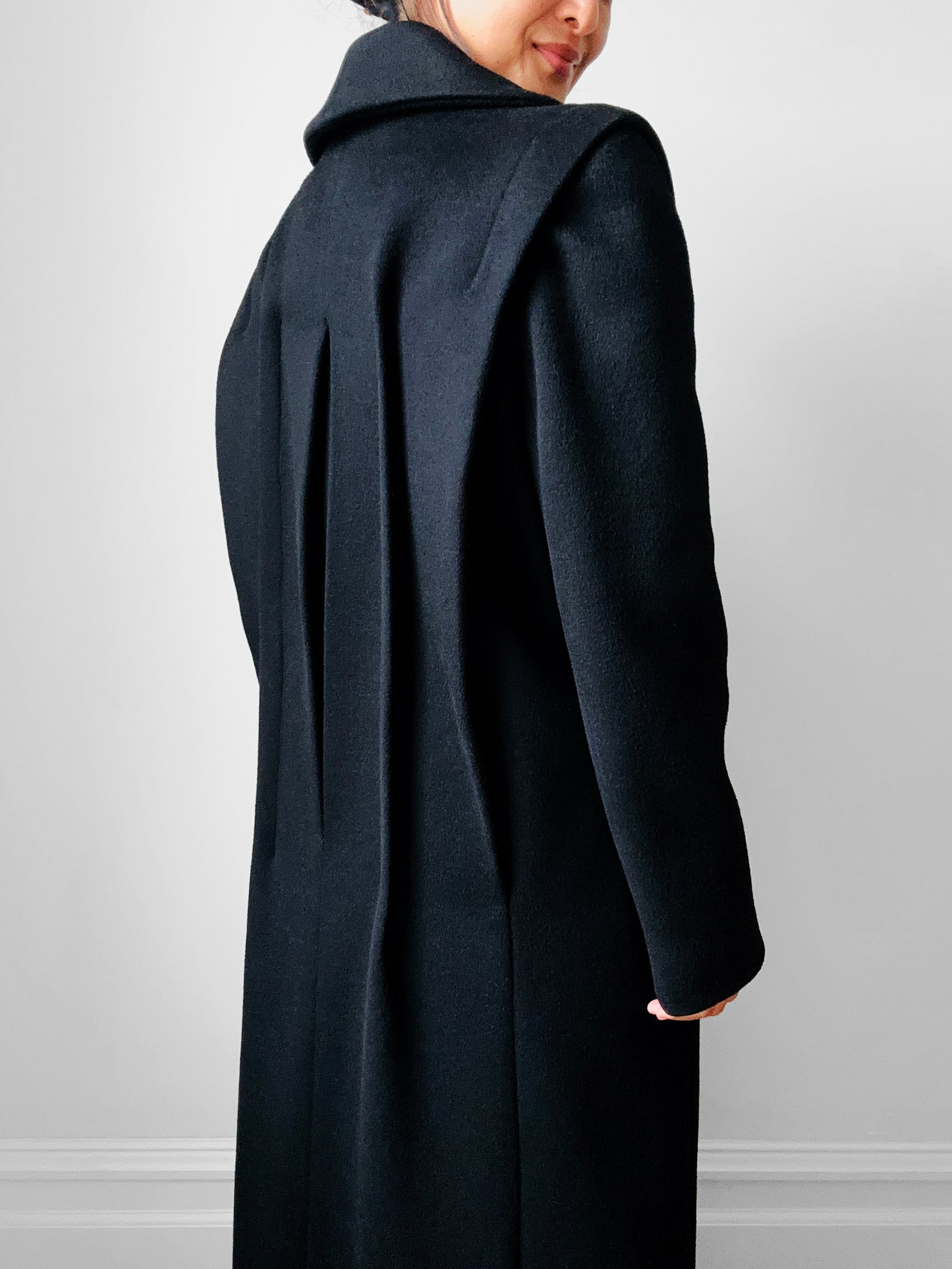 1980s Black Wool Exaggerated Collar Coat- Sz. S/M