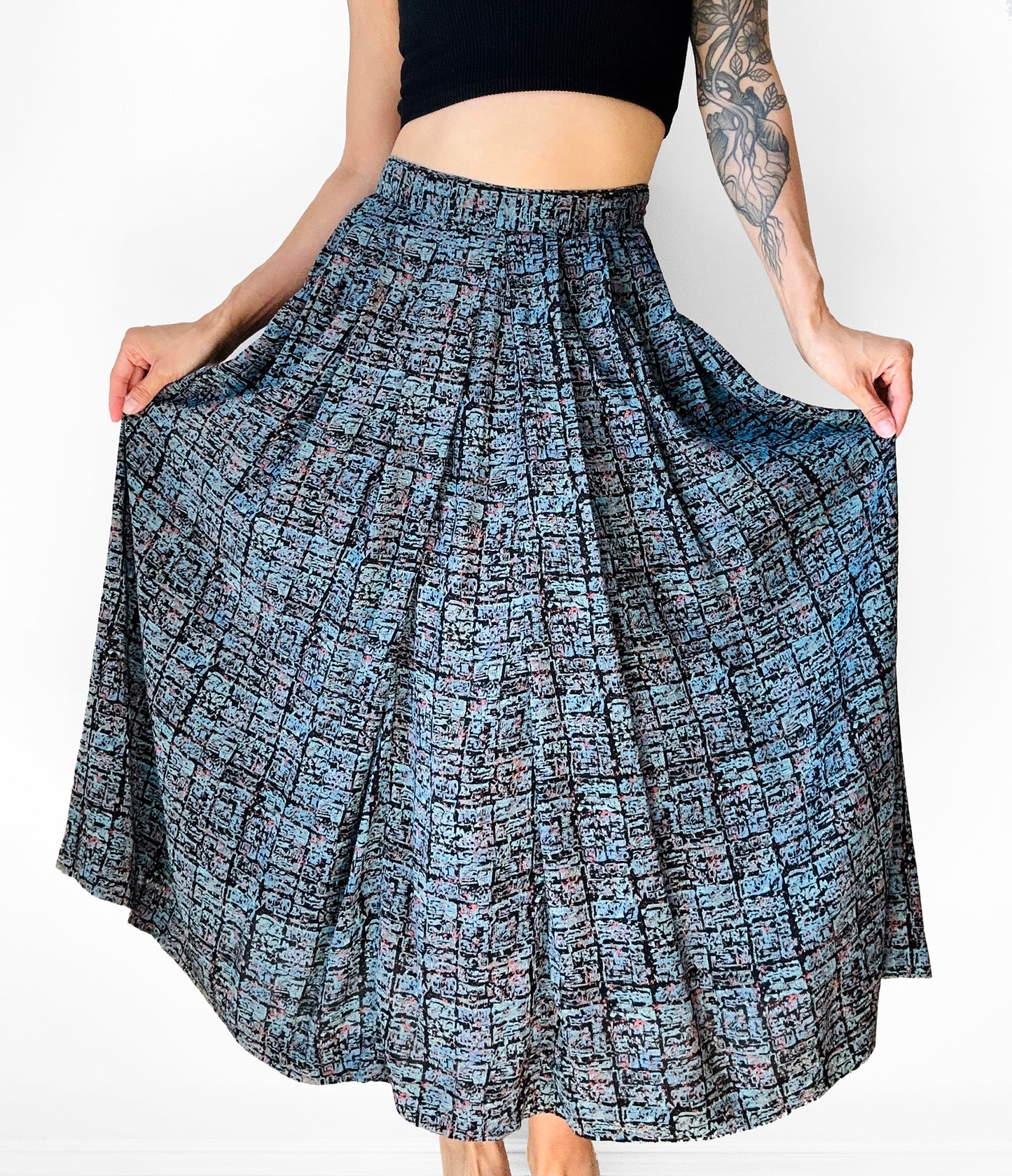 1980s Blue Pleated Patterned Skirt - Sz. Sm