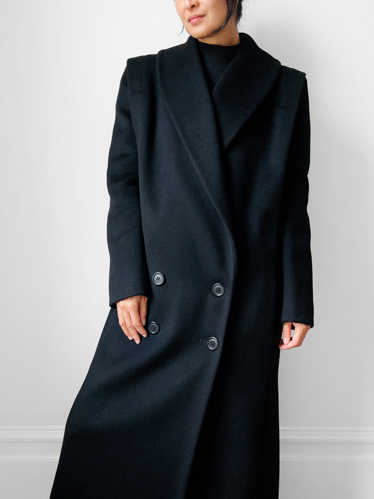 1980s Black Wool Exaggerated Collar Coat- Sz. S/M