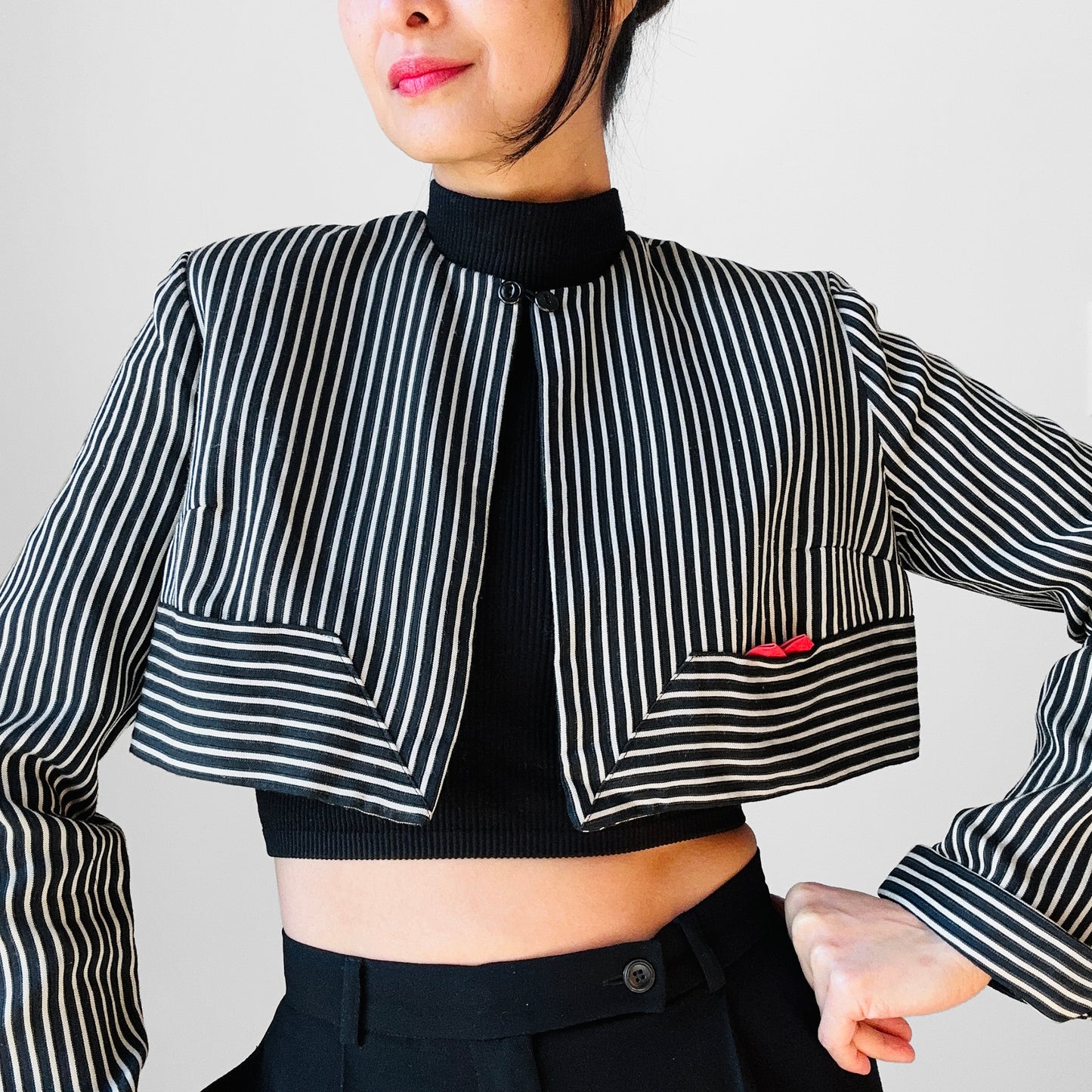 1960s Black and White Stripe Crop Tuxedo Bolero Jacket - Sz. Small