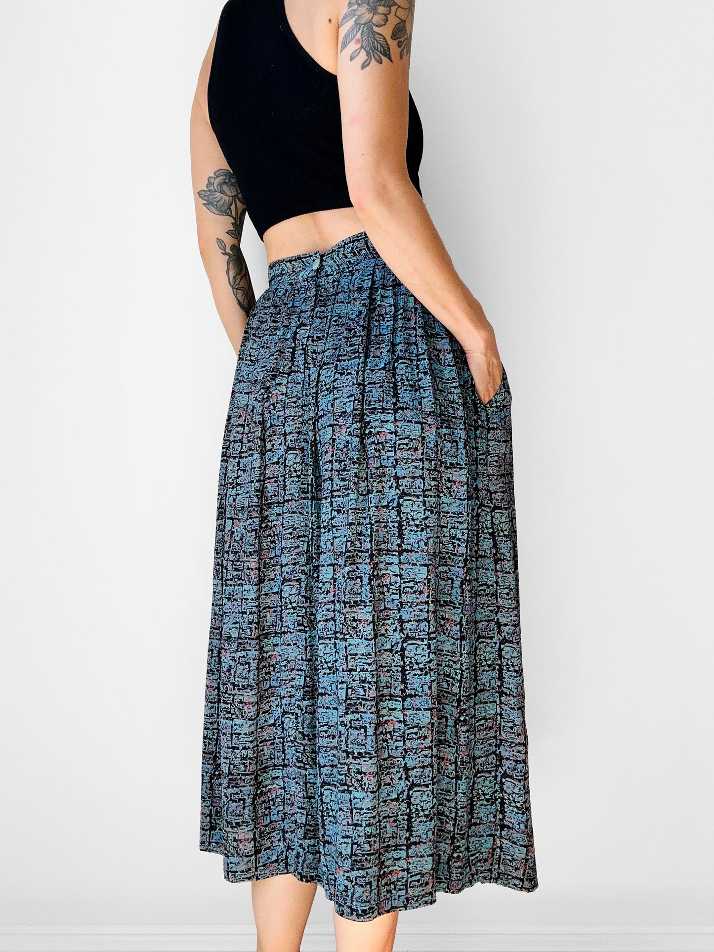 1980s Blue Pleated Patterned Skirt - Sz. Sm