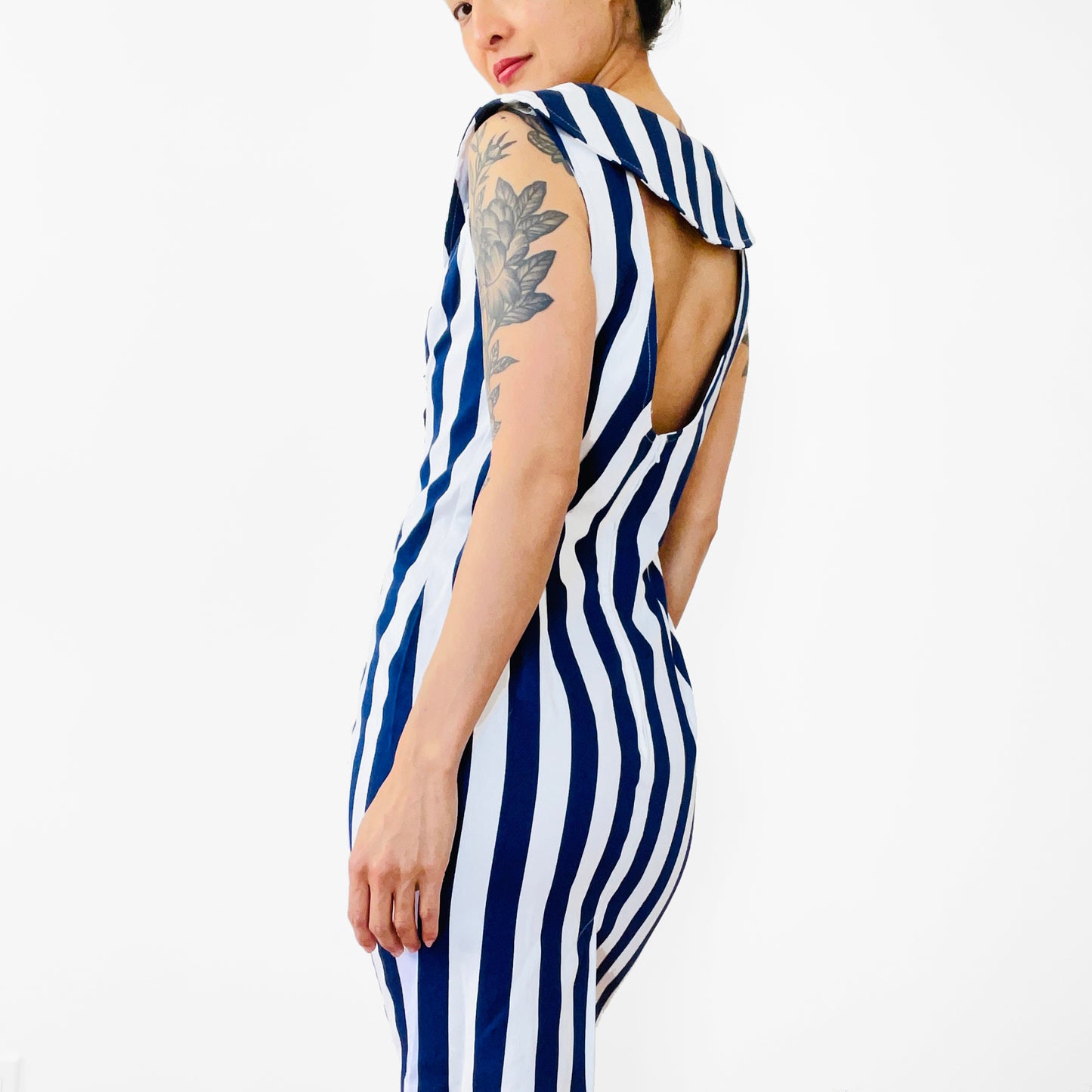 1980s Made in the USA Navy Blue and White Stripe Button Front Off-Shoulder Zip-Back Fitted Above-The-Knee Dress - S/M