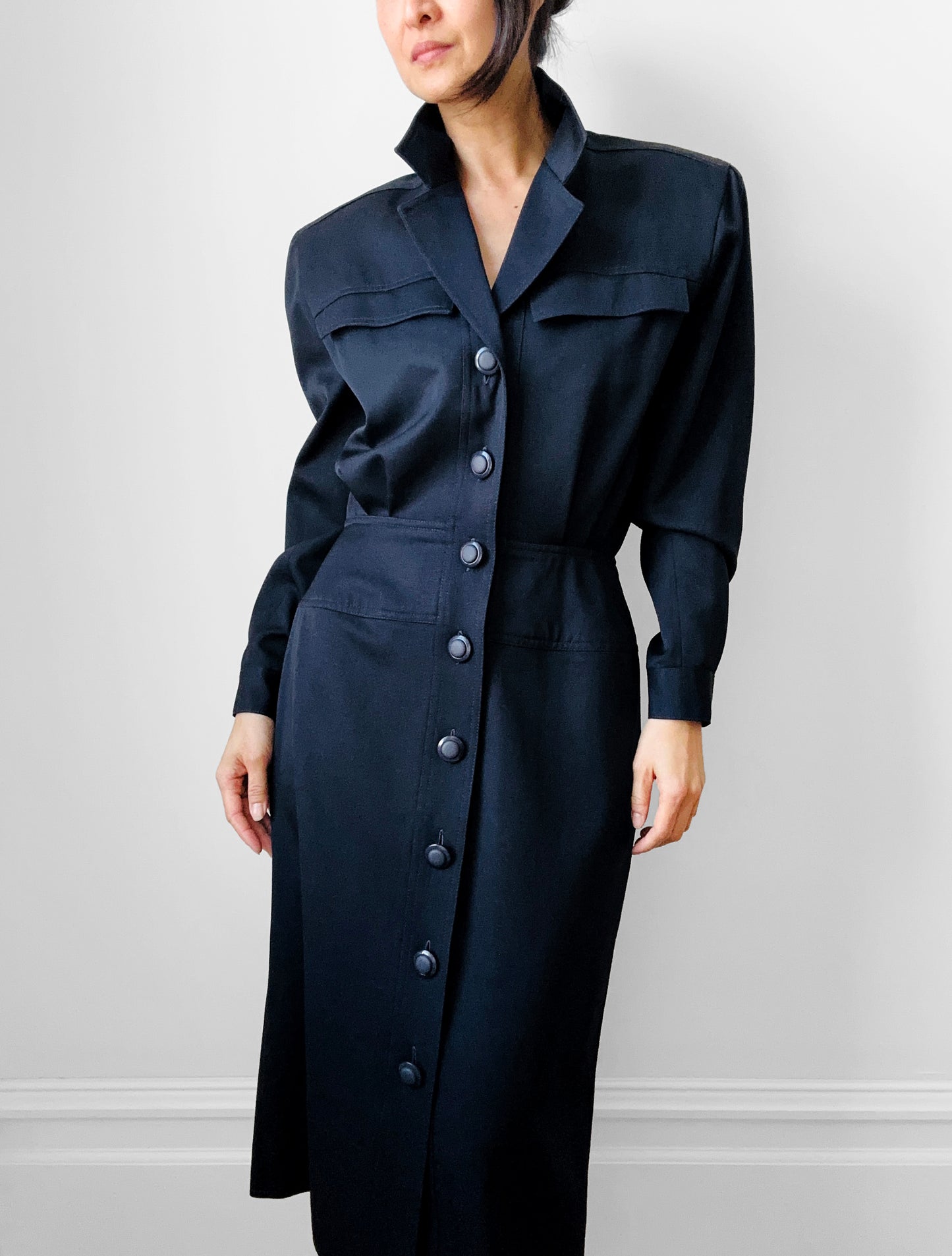 1980s Dark Navy Blue Button-Front Collared Tapered-Waist Wool Harve Benard Dress - Sz. S/M